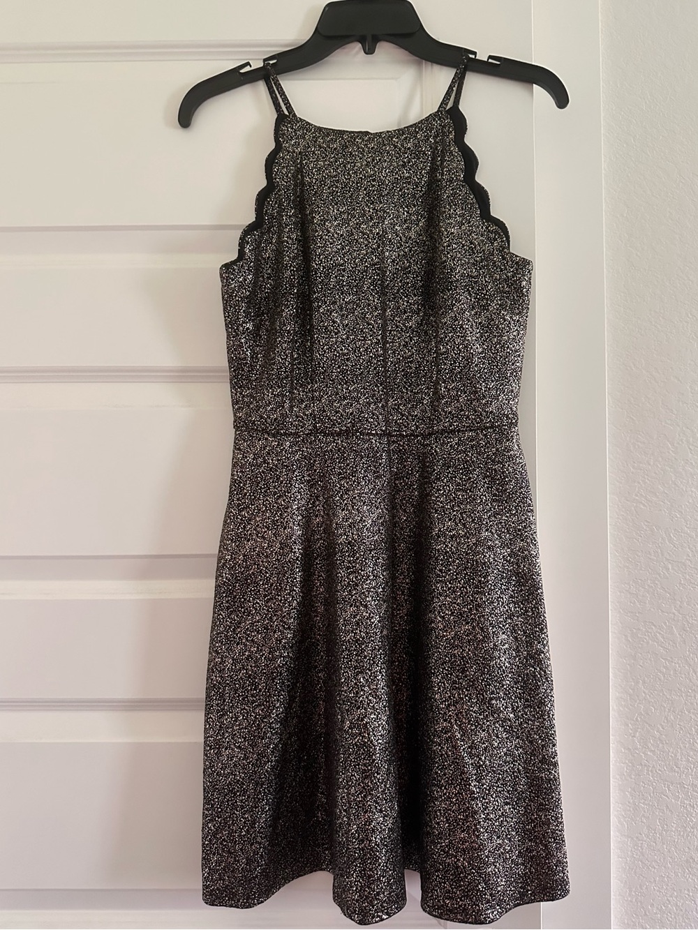 I.N. San Francisco Black and Gold Metallic Scalloped Halter Mini Dress